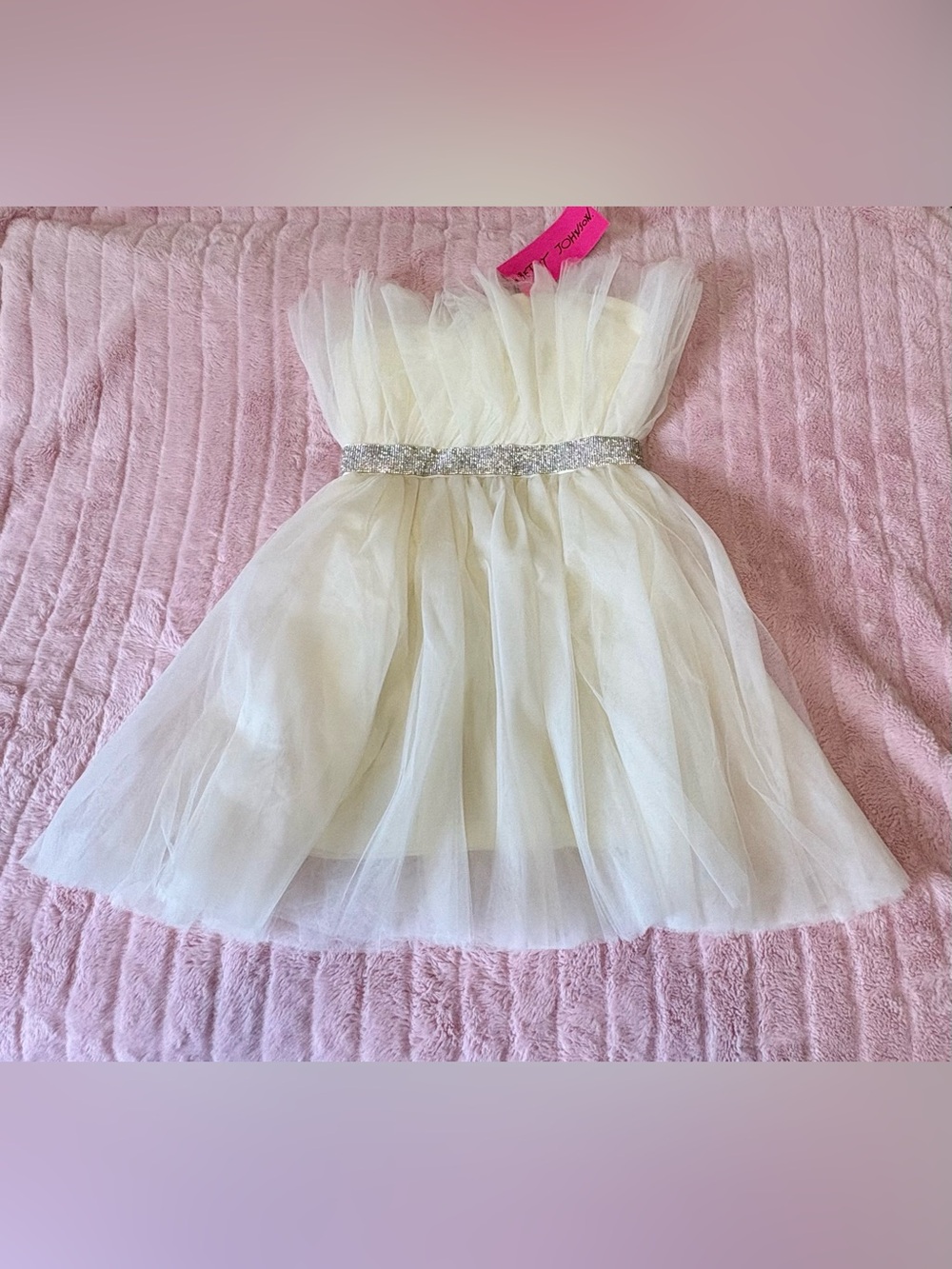 NWT Betsey Johnson Bling Tulle Strapless Mini Dress Cream White Small
